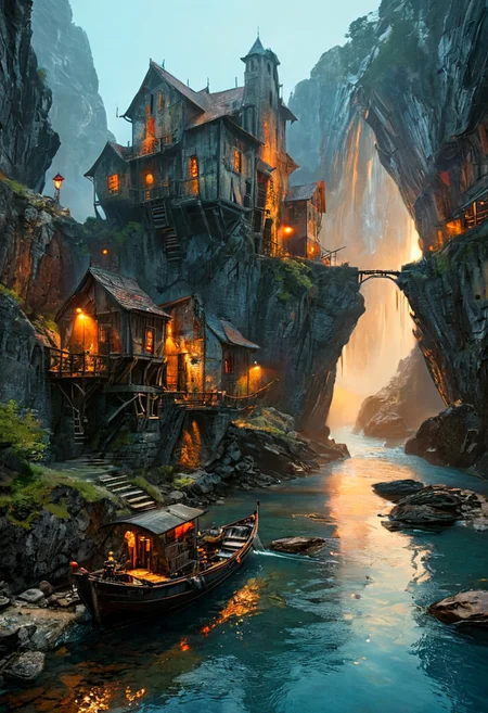 cinematic a sprawling, intricate city built into a rocky cliffside, illuminated by warm, glowing lights. The architecture is a blend of medieval and steampunk styles, with wooden structures, metal gears, and pipes. A waterfall cascades down the center, adding a dynamic element to the scene. In the foreground, a small boat with two figures navigates the water, surrounded by jagged rocks. The sky is overcast, with a hint of sunlight breaking through, casting a mystical ambiance. The overall color palette is a mix of earthy tones and cool blues, enhancing the fantastical atmosphere., monet, oil painting, fr4z3tt4