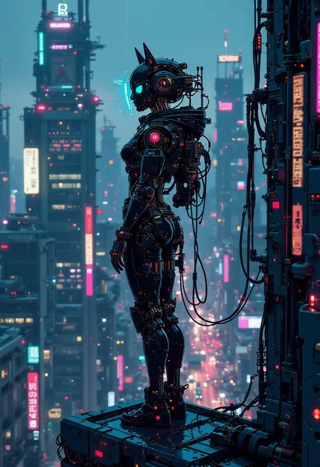 <lora:ck-nc-pastel-cyberpunk:1>, (in Otomo Katsuhiro style:1.4), (masterpiece:1.2),A digital artwork in the style of cknc, A lone female operative stands on the edge of a towering skyscraper, her silhouette sharply contrasted against a neon-soaked skyline. Her jet-black bodysuit, embedded with countless micro-lights and augmented armor plates, fits her like a second skin, giving her an almost feline elegance. Her gaze is intense, augmented eyes glowing with a piercing blue hue, surveying the city below. Streams of holographic data float around her, projected from a sleek visor, illuminating her angular face with a cold, synthetic glow. Rain pours down in fine sheets, reflecting the neon colors around her, as the bustling city hums with life far below. (hyperdetailed bodysuit textures and holographic visuals:1.1), (intricate cityscape and rain reflections:1.1), (Refined atmospheric lighting:1.1), (best quality:1.1), (high resolution:1.2 The art style is highly detailed, in the vein of futurist anime, capturing the beauty of the cyborg girl and the mechanical complexity of her exposed skull.