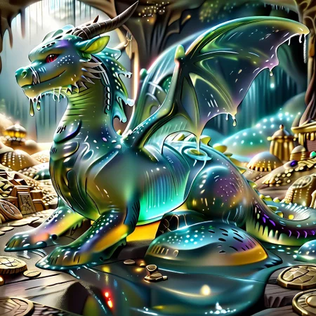 1dragon, highly detailed deep green and black dragon, deep green and black dragon made out of slime, scaly deep green and black slime dragon, slime dragon with red eyes, deep green and black slime dragon laying in its hoard, green and black slime dragon with wings, dragon wings, detailed claws, detailed feet, detailed tail,
multi-colored gems made out of slime, in a room of treasure made out of slime, tiny gold coins and bars made out of slime, piles of tiny coins, piles of tiny gold slime coins, piles of gold slime, tiny gold slime coins, only tiny coins, translucent slime coins,
treasure-room, treasure, gemstone, coins, gold bars, gold pile,
everything made of slime, No simple background,
((translucent slime)), ((transparent slime)), (bioluminescent slime), sl1m3, slime, ais-blmn, watce, je11y, thickwater, great lighting, ral-lava, even lighting, no bright spots, saturated colors,