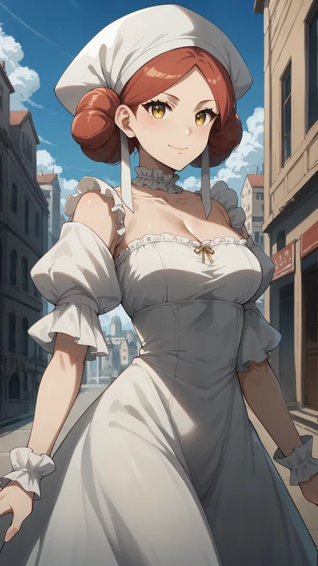 score_9,score_8_up,score_7_up,score_6_up, <lora:xl_more_art-full_v1:0.5>, source_anime, woman, dynamic pose, in ecstasy, <lora:Luka - Pony:0.8>, red hair, hair buns, yellow eyes, frilled choker, white hat, white dress, strapless dress, city, detached sleeves, short sleeves, puffy sleeves, parted hair, light smile, closed mouth,