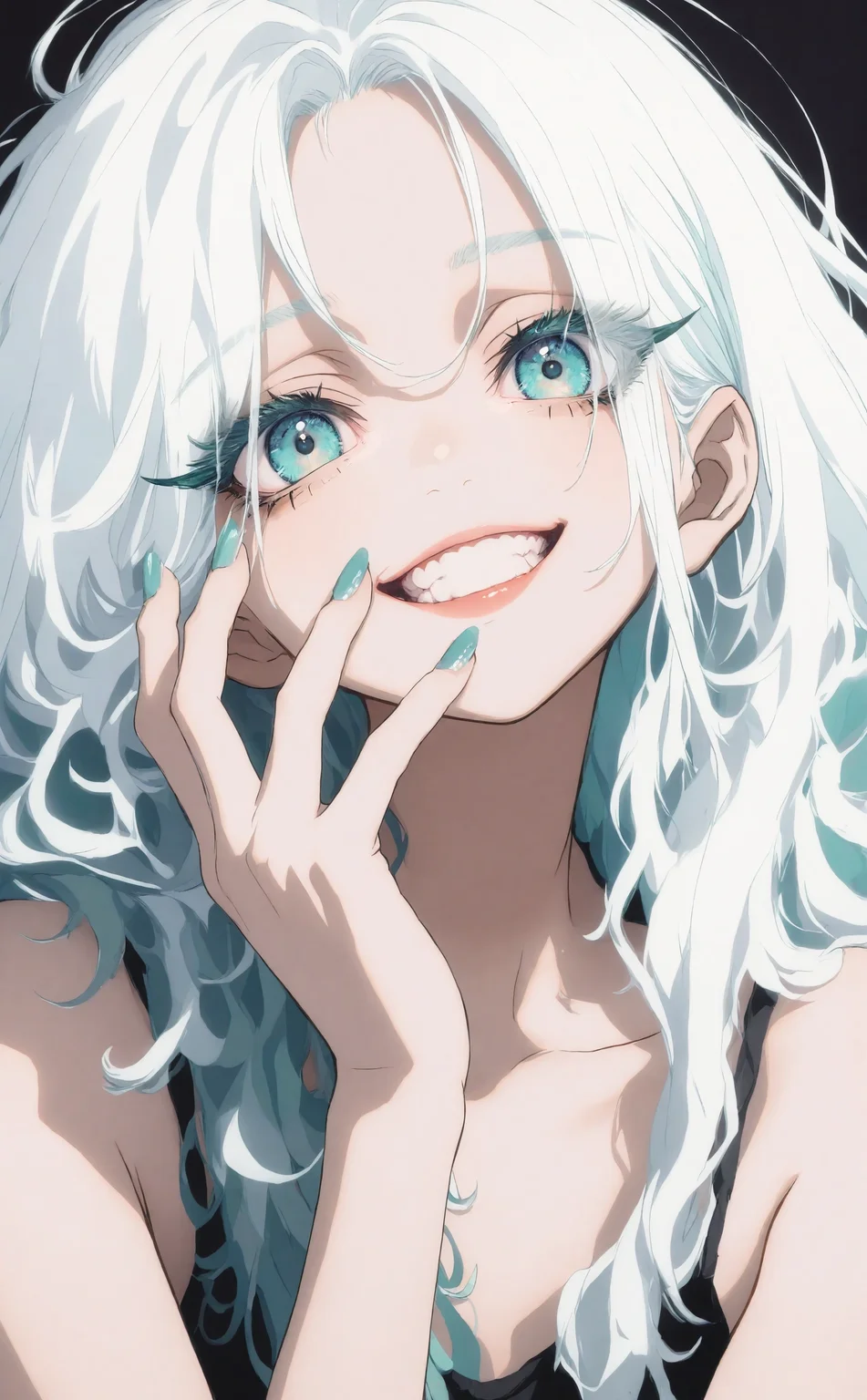 masterpiece, best quality, amazing quality, very aesthetic, high resolution, ultra-detailed, absurdres, newest, 1girl, solo, long hair, looking at viewer, smile, blue eyes, simple background, bare shoulders, collarbone, white hair, parted lips, nail polish, grin, aqua eyes, fingernails, eyelashes, aqua hair, black background, portrait, blue nails, hand on own face, aqua nails, long eyelashes, LDSCH Style, <lora:noobai_ep11_stabilizer_v0.138_fp16:0.3> <lora:NOOB_vp1_detailer_by_volnovik_v1:0.3> <lora:ma1ma1helmes_b-000014:0.4> <lora:LDSCH-IL:0.8> <lora:CrypticHue:0.7>