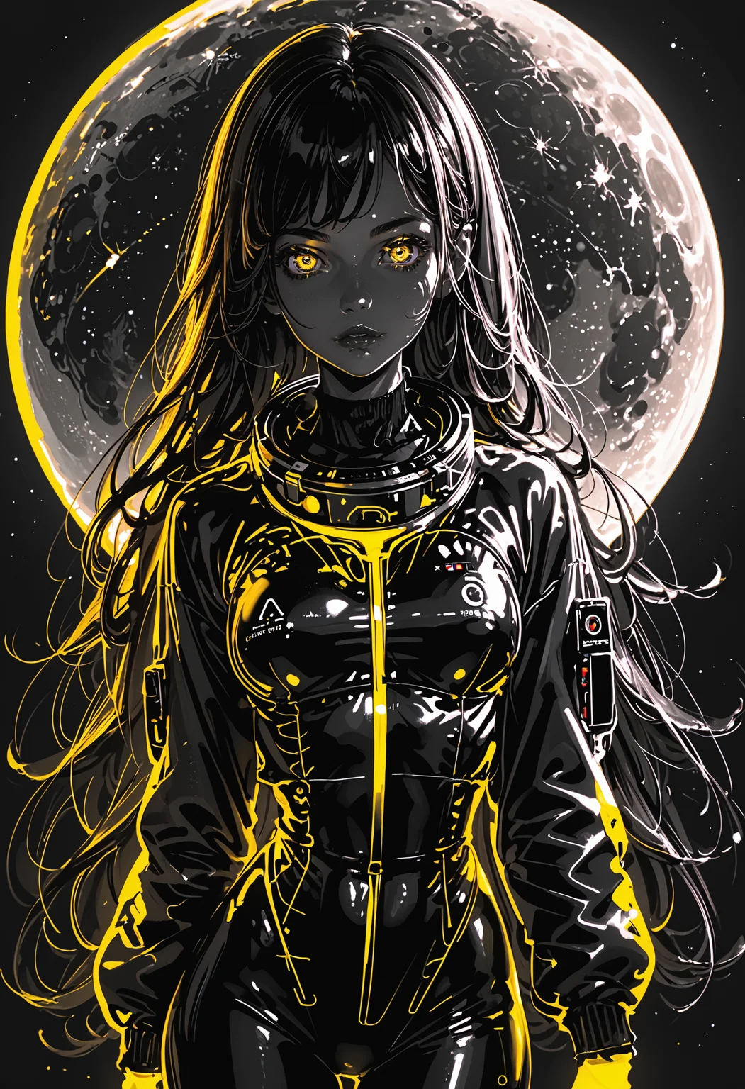 score_9,score_8_up,score_7_up,yellow neon,monochrome,black background,<lora:neonXLP:1>,1girl,solo,cowboy shot,looking at viewer,black hair,long hair,straight hair,narrow waist,yellow eyes,astronaut,full moon,