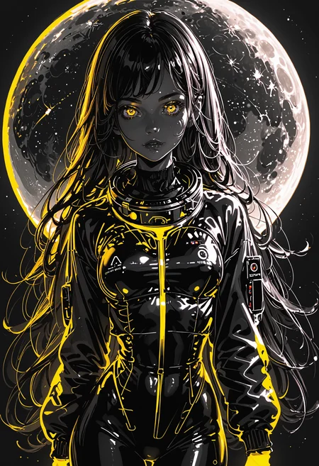 score_9,score_8_up,score_7_up,yellow neon,monochrome,black background,<lora:neonXLP:1>,1girl,solo,cowboy shot,looking at viewer,black hair,long hair,straight hair,narrow waist,yellow eyes,astronaut,full moon,