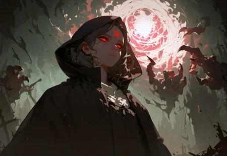 close-up, flat colors, 1girl, necromancer, glowing red eyes, expressionless, pentagram, hood, dark fantasy, dramatic lighting