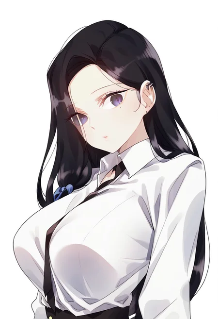 masterpiece, best quality, white background,
do_rahee, 1girl, solo, black hair, mole, long hair,
round breasts,
upper body