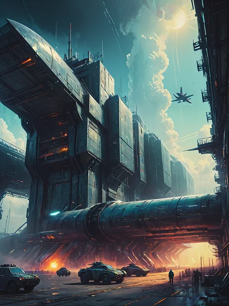 impactful color paint of (futuristic:1.5) a huge military factory made of steel, glass, fog, sun, in the clouds, , futuristic military planes, moody tones, old book style ink cover illustration, on parchment    <lora:Bold_Pop:0.6>  highly detailed, vibrant colors , 8k, sharp, professional, clear, high contrast, high saturated, , vivid deep blacks, crystal clear