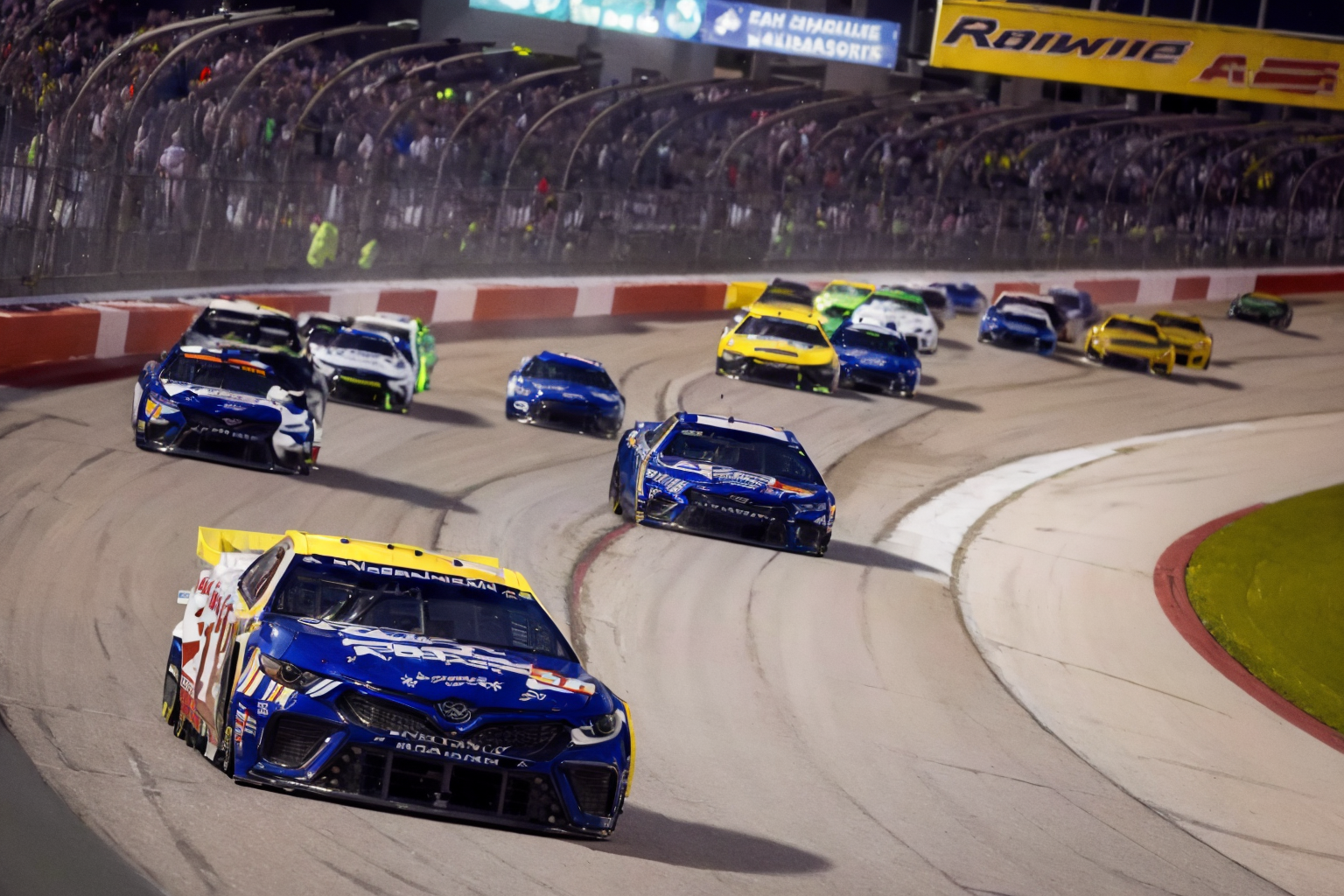 (masterpiece, best quality:1.2), ultra-detailed, group of cars racing on track  EdobNascarRace, (realistic:1.5), <lora:EdobNascarRace_v1.0:1>