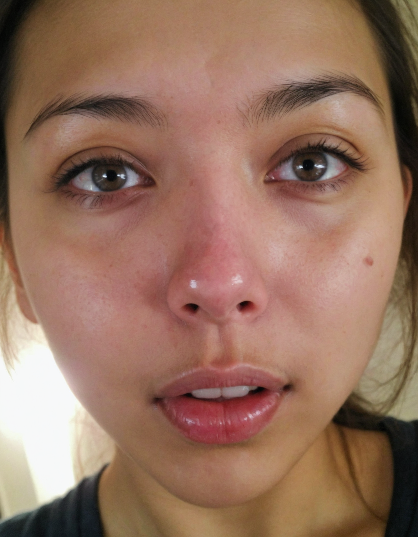 amateur cellphone photography (((photographic, photo, photogenic))), ((cute, pretty, beautiful)), innocent, emotional, (detailed face, nose) ((woman)) staring at camera lovingly, mouth open, extreme facial closeup, (f1.8 short focus bokeh), focus on eyes, (big round catchlight:1.6), circular light eye reflection, watery deep eyes, shiny eyes, open eyes. round cheeks, receding chin, heart shaped face. small heart shaped lips. Studio picture, direct light. awe.  . f8.0, samsung galaxy, noise, jpeg artefacts, poor lighting,  low light, underexposed, high contrast