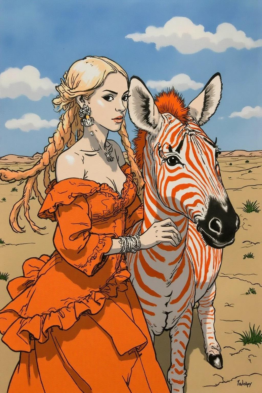 kj9 illustration.
a striking juxtaposition of a woman and a zebra against a vast, arid landscape under a bright, sunny sky. The woman, with long, flowing dreadlocks dyed in a gradient from white to a vibrant orange, is dressed in an off-shoulder, long-sleeved, orange dress made of a textured fabric that appears to be a blend of cotton and silk. The dress has a ruffled hem and intricate embroidery along the neckline and sleeves. She is leaning affectionately against the zebra, which has striking white and orange stripes, creating a harmonious blend of colors. The zebra's mane is also dyed orange, matching the woman's hair. The woman's skin tone is light, and her eyes are accentuated with subtle makeup, giving her a natural yet striking appearance. The background consists of a vast, sunlit landscape with dry, sandy terrain and sparse vegetation, indicating a desert environment. The sky is mostly clear with a few scattered clouds, suggesting a bright, clear day. <lora:kj91_cap_d6a3e12:1.0><lora:819906843318093254:0>