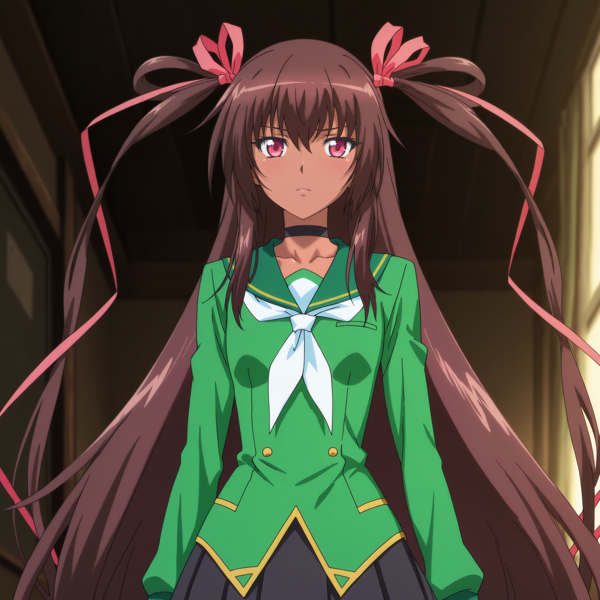mizuki_yukikaze/(h-anime/), 1girl, brown hair, long hair, very long hair, twintails, hair ribbon, ribbon, pink eyes, small breasts, dark-skinned_female, choker, school_uniform/(ty/), green school_uniform, black skirt