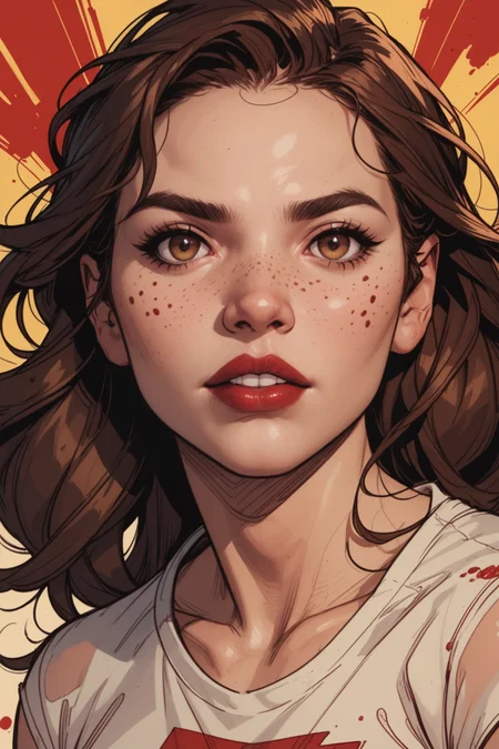 1girl, solo, looking at viewer, brown eyes, parted lips, long hair, realistic, brown hair, blurry, lips, blurry background, portrait, shirt, nose, freckles, collarbone, white shirt, blood, eyelashes, teeth, red lips, a_Comic_Illustration, rough lines with ink, (drawn:1.1), (sketch:1.5), (crosshatching:1.25), (comic style:1.1), graphic novel style, sharp lines, hires, zstyle, (western comics \(style\):1.1), (hatching \(texture\):1.2), zPDXL, Mr_Monster_Possitive, <lora:Expressive_H:0.5>, score_9, score_8_up, score_8_up,