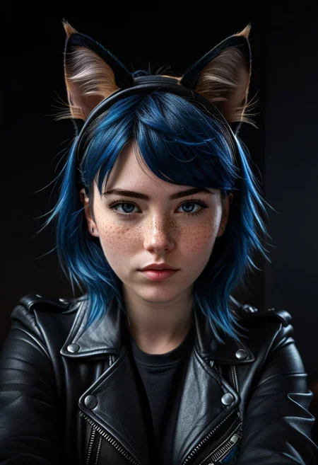 (StackedShortstack), solo, looking at viewer, shirt, 1girl, animal ears, blue hair, jacket, female focus, cat ears, black jacket, freckles, realistic, leather, leather jacket, cat ears, animal ears, close-up, foreshortening , cinematic lighting, cinematic angle, dark, dark background, masterpiece, best quality