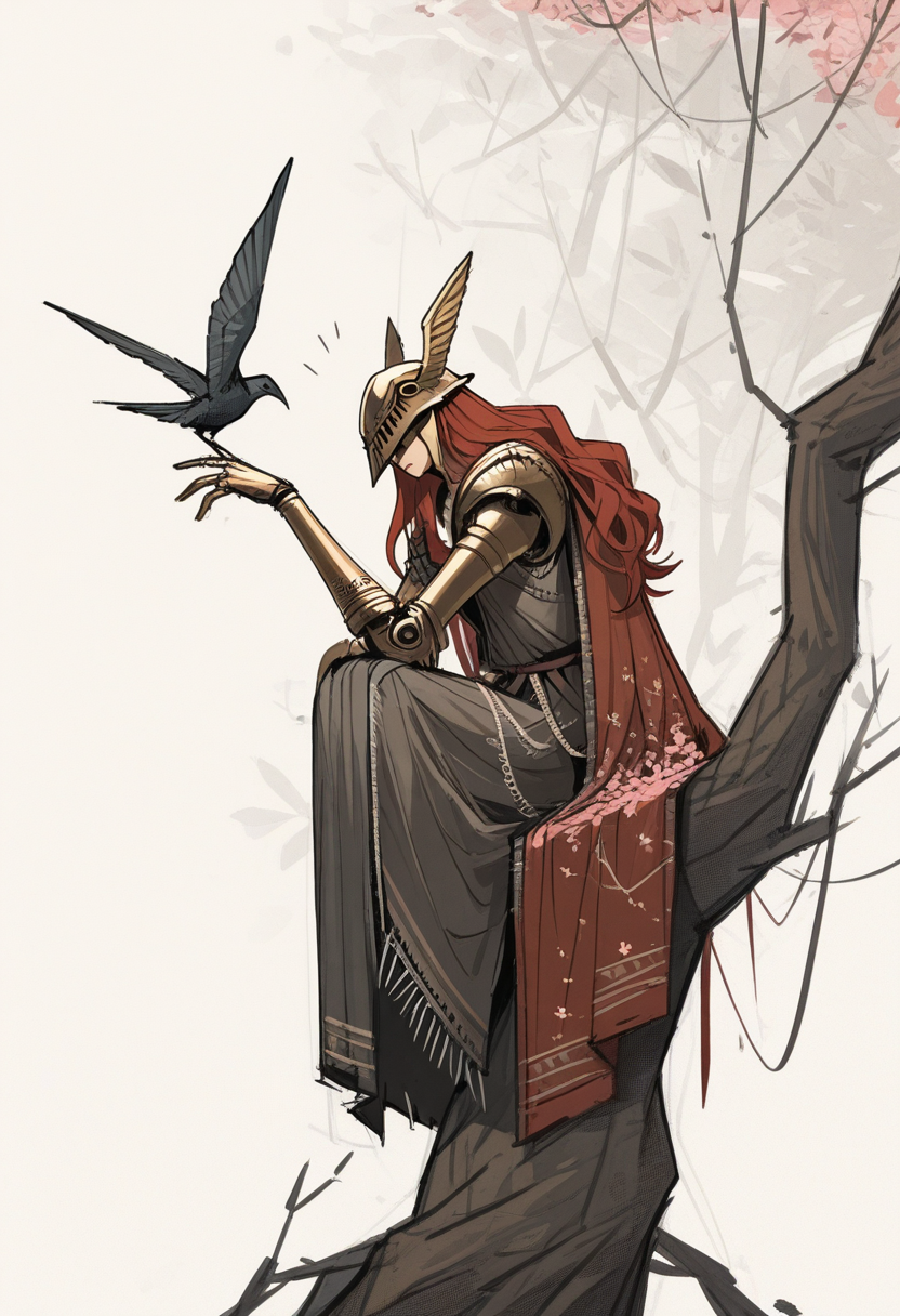 a13xstyle, sketch, masterpiece, best quality, solo,                                                                                   MALENIA, golden helmet, robe, bronze arm, perched upon a tree blossom,