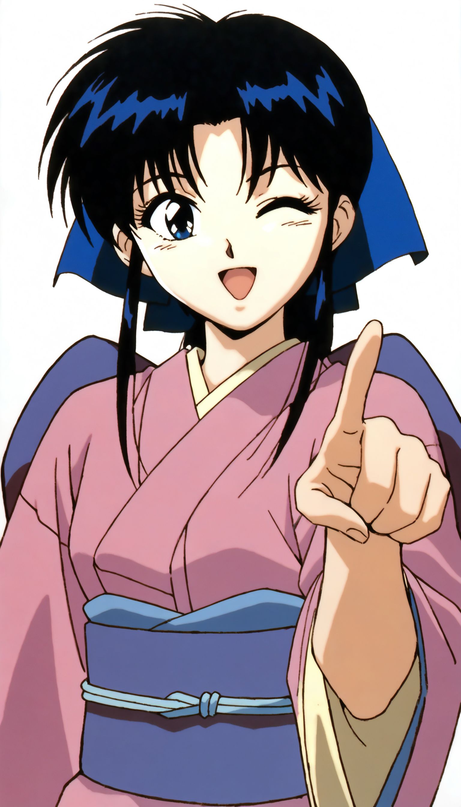 masterpiece,best quality,amazing quality,
<lora:kamiyakaoruNAI:1>,kamiyakaoru,
1girl,solo,black hair,bangs,ponytail,blue scrunchie,blue eyes,pink kimono,purple obi,portrait,one eye closed,open smile,pointing forward,white background,