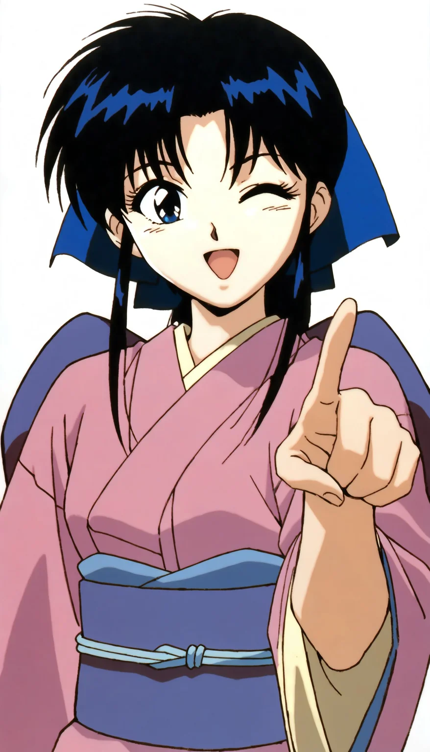 masterpiece,best quality,amazing quality,
<lora:kamiyakaoruNAI:1>,kamiyakaoru,
1girl,solo,black hair,bangs,ponytail,blue scrunchie,blue eyes,pink kimono,purple obi,portrait,one eye closed,open smile,pointing forward,white background,