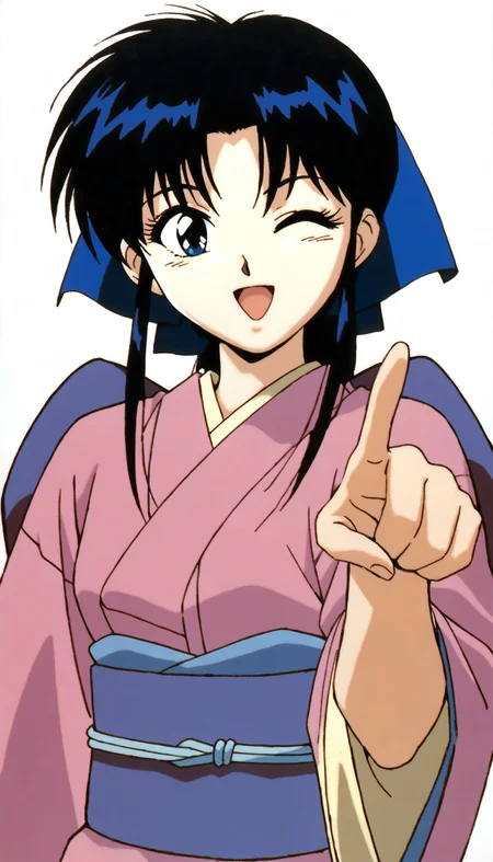 masterpiece,best quality,amazing quality,
<lora:kamiyakaoruNAI:1>,kamiyakaoru,
1girl,solo,black hair,bangs,ponytail,blue scrunchie,blue eyes,pink kimono,purple obi,portrait,one eye closed,open smile,pointing forward,white background,
