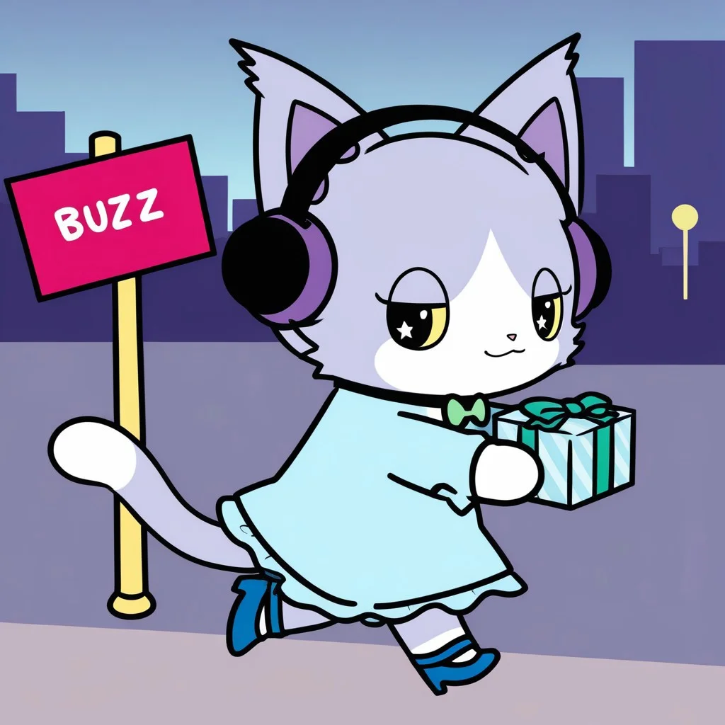 score_9, score_8_up, score_7_up, score_6_up, score_5_up,
best quality, masterpiece, smirks, Full Body, Romantic, Small Body, Furry, looking_pleasured, layla, cat, headphones, colored sclera, furry, chibi, feral, Blue rose, blue dress, green bow, running, (((text on sign " buzz_plz"))), city park, blue heels, holding gift box, holding sign,