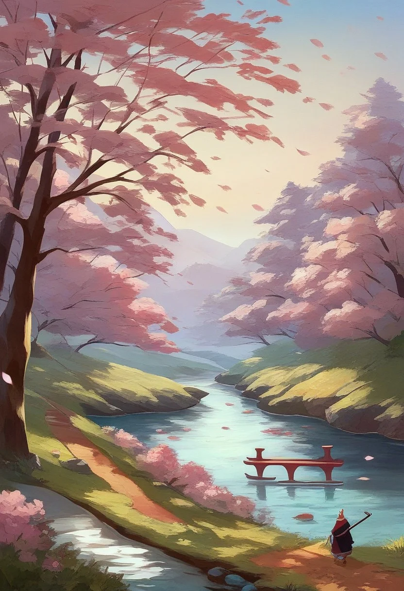 Score_9, Score_8, Score_7, score_6_up, 1boy, Koi fish samurai, ornate black kimono with golden accents, seathed katana sword, outdoors near a pond with with cherry blossom trees,