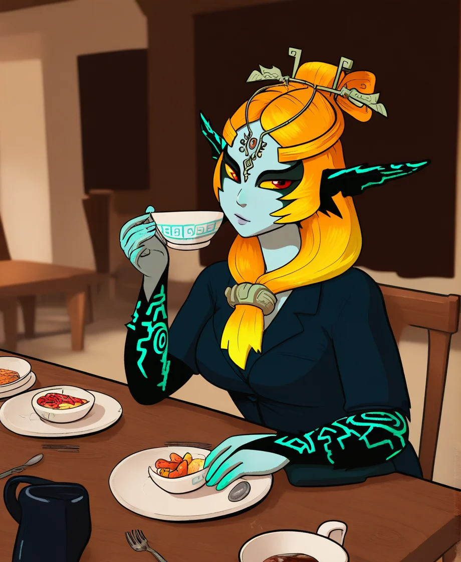 masterpiece, highly detailed, solo, midna, female, trueform, red eyes, yellow sclera, orange hair, blue business suit, jewelry, dining room, by borisalien, <lora:MidnaXL_02-Noob-lr2-nd32-na32-ep12:1>