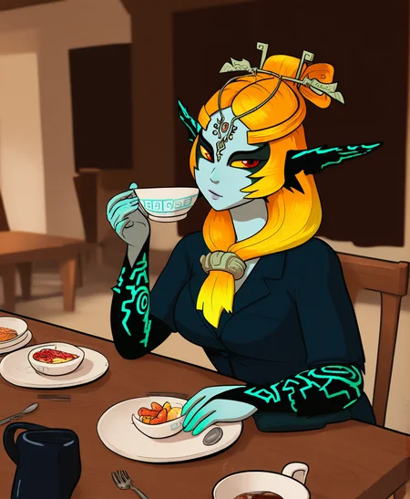 masterpiece, highly detailed, solo, midna, female, trueform, red eyes, yellow sclera, orange hair, blue business suit, jewelry, dining room, by borisalien, <lora:MidnaXL_02-Noob-lr2-nd32-na32-ep12:1>