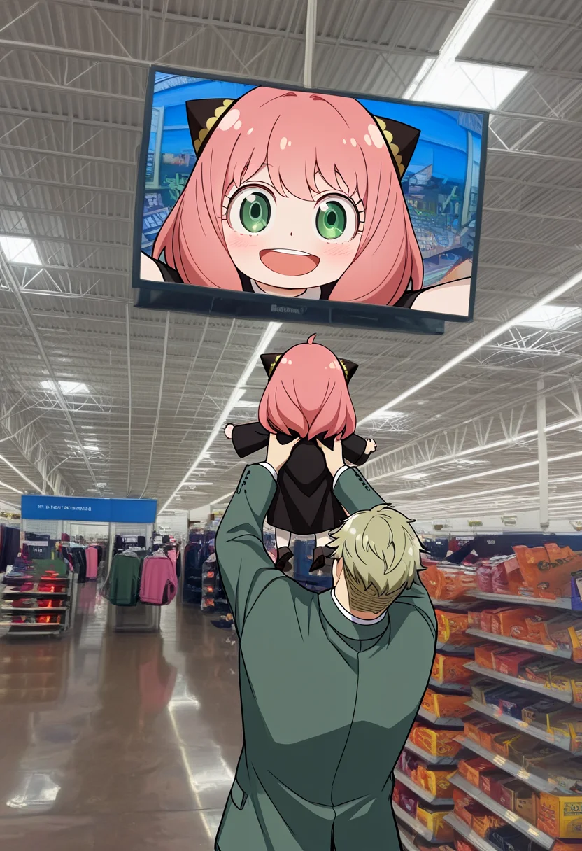masterpiece, best quality, amazing quality, showing_baby_to_a_supermarket_camera_(meme), supermarket, photo background,
BREAK
screen, television, anya \(spy x family\), chibi, looking at viewer, open mouth, blush, smile,
BREAK
twilight \(spy x family\), lifting person, from behind,
<lora:showing_baby_to_a_supermarket_camera_meme:1>