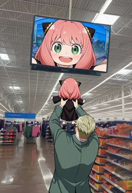 masterpiece, best quality, amazing quality, showing_baby_to_a_supermarket_camera_(meme), supermarket, photo background,
BREAK
screen, television, anya \(spy x family\), chibi, looking at viewer, open mouth, blush, smile,
BREAK
twilight \(spy x family\), lifting person, from behind,
<lora:showing_baby_to_a_supermarket_camera_meme:1>