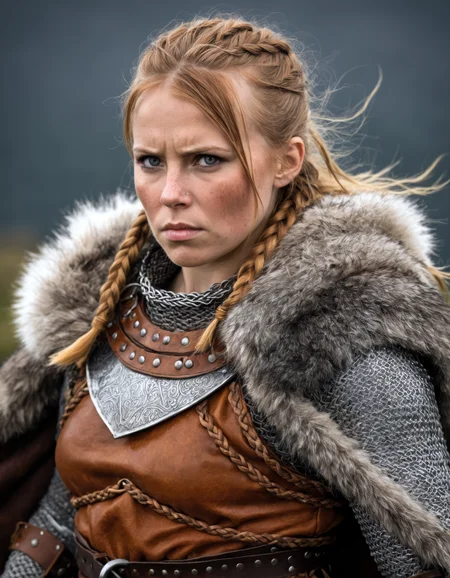 A high-resolution photograph of a Viking woman warrior, traditional Viking armor, leather tunic, chainmail, fur cloak, The overall mood is intense and adventurous, capturing the spirit of the Viking age, high-resolution, Viking warrior, traditional armor, intense, adventurous