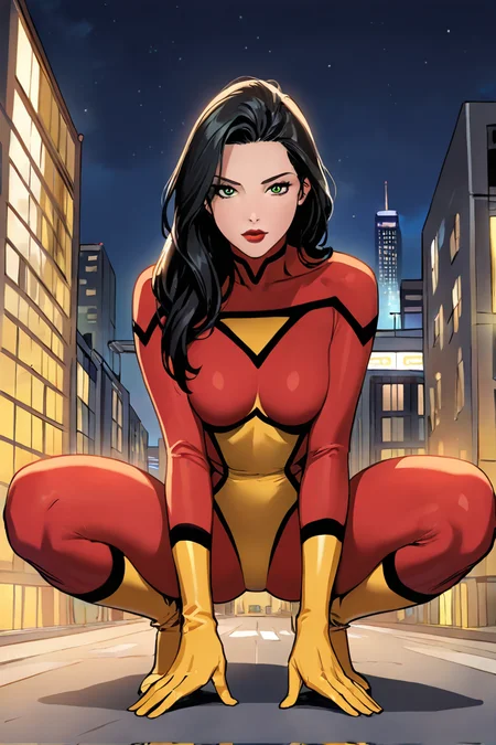 masterpiece, best quality, highres, extremely aesthetic, jessicadrew, 1girl, solo, long hair, black hair, green eyes, lipstick, medium breasts, red bodysuit, multicolored bodysuit, print bodysuit, skin tight, yellow gloves, yellow boots, looking at viewer, squatting, full body, outdoors, city, building, night, night sky <lora:Spider-Woman (Jessica Drew) v1.0 [LoRA] - NoobAI-XL EPS 1.0:0.8>