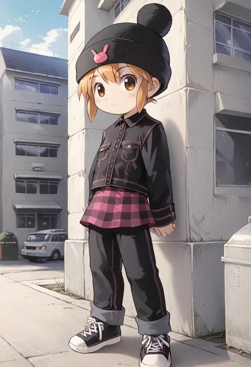 score_8, score_8_up, score_7_up, source_manga, manga_source, monochrome, manga BREAK 1girl, female focus, solo, flat chest, usagi_kurokawa, beanie, black headwear, hat ornament, bangs, short hair, sidelocks, denim jacket, black jacket, collared jacket, breast pocket, long sleeves, skirt, plaid skirt, pants under skirt, black pants, jeans, sneakers, black footwear, full body, building, outdoor, neighborhood, suburb,