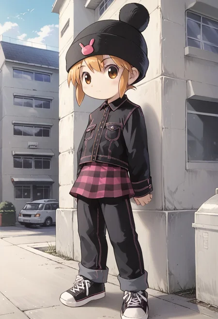 score_8, score_8_up, score_7_up, source_manga, manga_source, monochrome, manga BREAK 1girl, female focus, solo, flat chest, usagi_kurokawa, beanie, black headwear, hat ornament, bangs, short hair, sidelocks, denim jacket, black jacket, collared jacket, breast pocket, long sleeves, skirt, plaid skirt, pants under skirt, black pants, jeans, sneakers, black footwear, full body, building, outdoor, neighborhood, suburb,