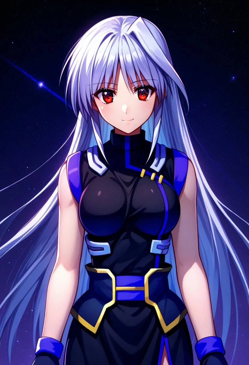 score_9, score_8_up, score_7_up, source_anime, 1girl, solo, Reinforce, long hair, white hair, single hair intake, red eye, long dress, black dress with purple trim, side slit, black gloves with purple trim, fingerless gloves, black corset with gold trim, sleeveless dress, bare shoulders, standing, smiling, ((endori face))