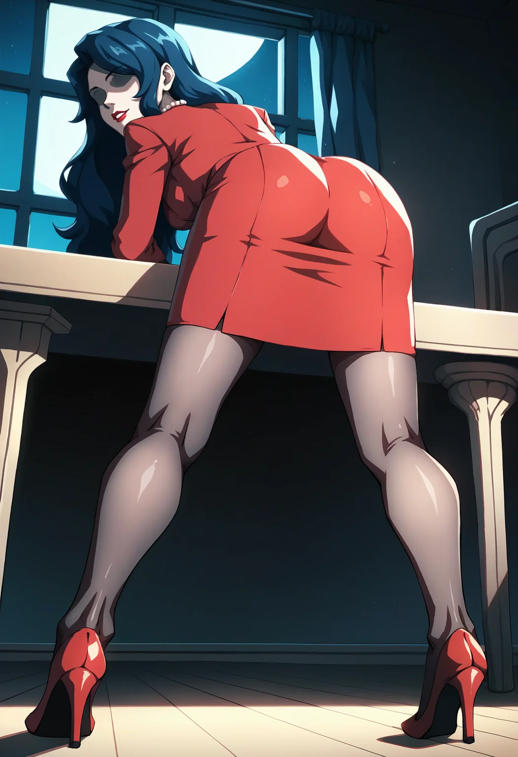 score_9, score_8_up, score_7_up, score_6_up, <lora:PMMB:0.8>, PMMB, blue hair, lipstick, long hair, red nails, shaded face, faceless female, no eyes, medium breasts,
pearl necklace, red skirt suit, red jacket, red footwear, high heels, red skirt, pencil skirt, black pantyhose,
ass focus, ass, leaning forward, looking back, legs apart, from below, hand on table, 
BREAK, indoors, dark background, night, night sky, window, dim lighting,