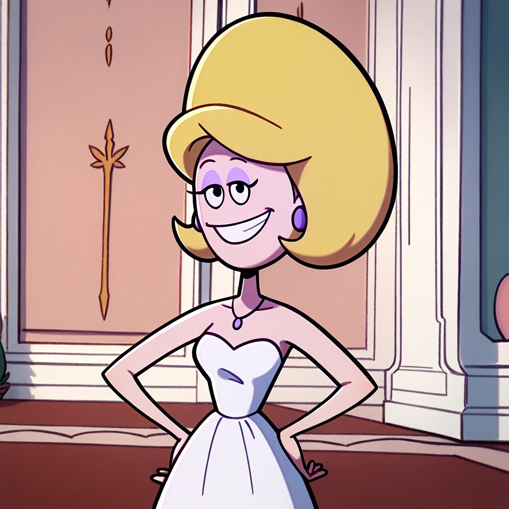 score_9, score_8_up, score_7_up BREAK PristineK, 1girl, blonde hair, black eyes, purple eyeshadow, purple oval earrings, purple necklace, strapless white dress, cowboy shot, hands on hips, smiling at viewer, salmon-pink mansion indoors,