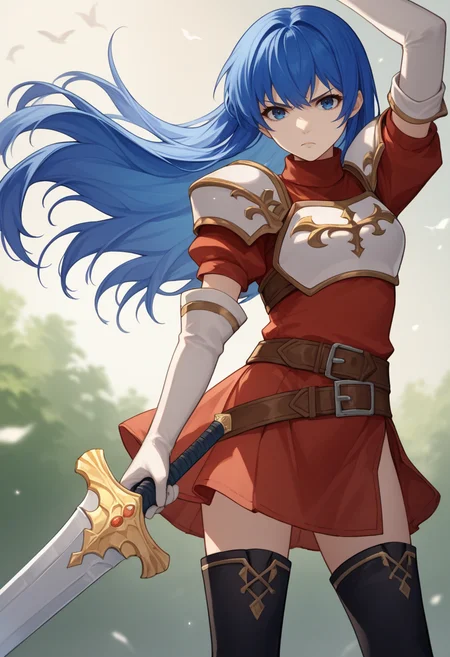 score_9, score_8_up, score_7_up, source_anime BREAK 1girl, solo, <lora:caeda-fe-richy-v1_pdxl:1> caedadef, blue eyes, blue hair, long hair, bangs, turtleneck, red shirt, shoulder armor, pauldrons, breastplate, multiple belts, brown belt, white gloves, elbow gloves, red skirt, black thighhighs, white boots, closed mouth, looking at viewer, sword, holding sword, serious, arm up