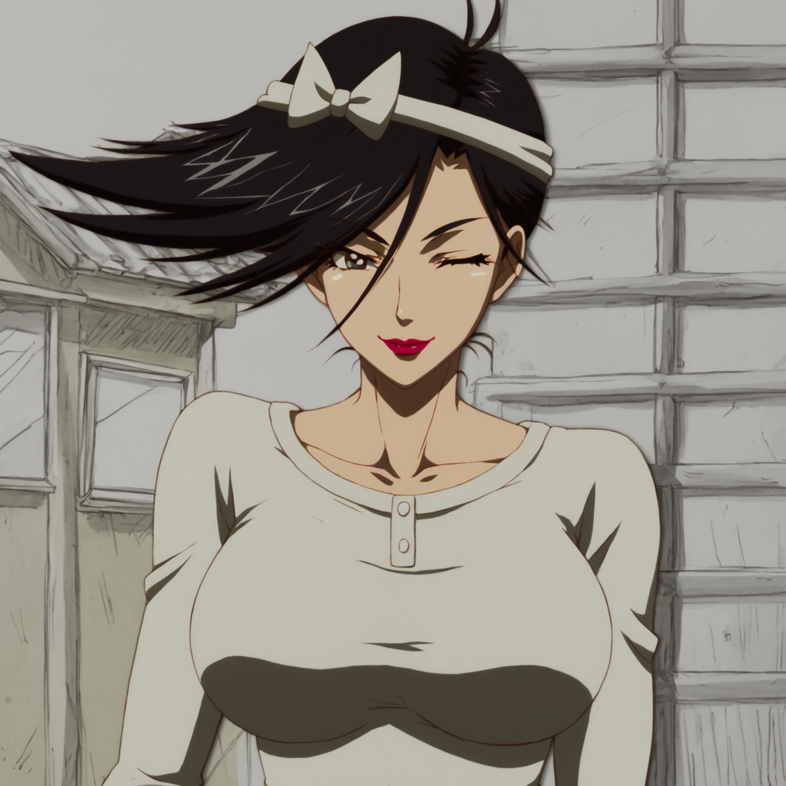 <lora:SlimesBakabonsMom-000001:1>, slimes_bakabonsmom, 1girl, solo, breasts, smile, short hair, large breasts, black hair, one eye closed, makeup, headband, lipstick