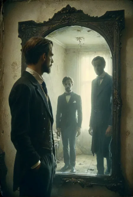 An unfriendly gentleman lives in my mirror, We probably won't be friends again in this life, I often wish he were mute, Whenever we meet, he nags me, And I like that, Why are you looking at me so stupidly all the time?, And he like that, There's something I can ask you now,  <lora:ghost_in_the_mirror:0.8> <lora:EldritchPinhole:0.5> <lora:tbh219-sdxl:0.3> <lora:ral-ertmsphr:0.8> ral-ertmsphr