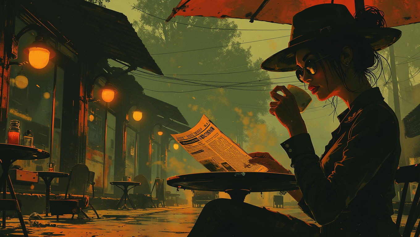 A mysterious woman in a wide-brimmed hat and dark sunglasses sits at an outdoor cafÃ©, sipping coffee. Sheâs reading a newspaper, but her eyes occasionally flicker to the street, as if expecting someone. Her posture is elegant, but her presence is enigmatic
  <lora:Luminous_Shadowscape:0.8>