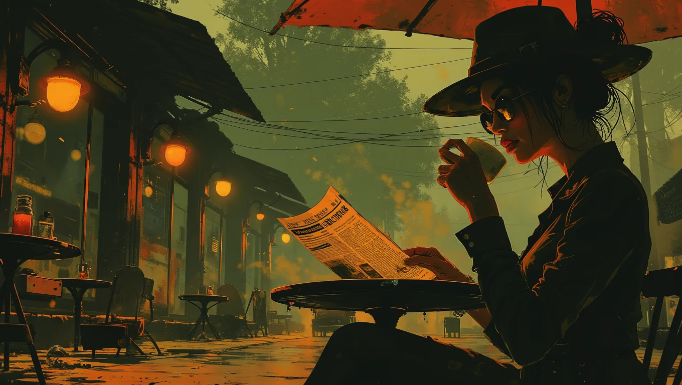 A mysterious woman in a wide-brimmed hat and dark sunglasses sits at an outdoor café, sipping coffee. Sheâs reading a newspaper, but her eyes occasionally flicker to the street, as if expecting someone. Her posture is elegant, but her presence is enigmatic
<lora:Luminous_Shadowscape:0.8>