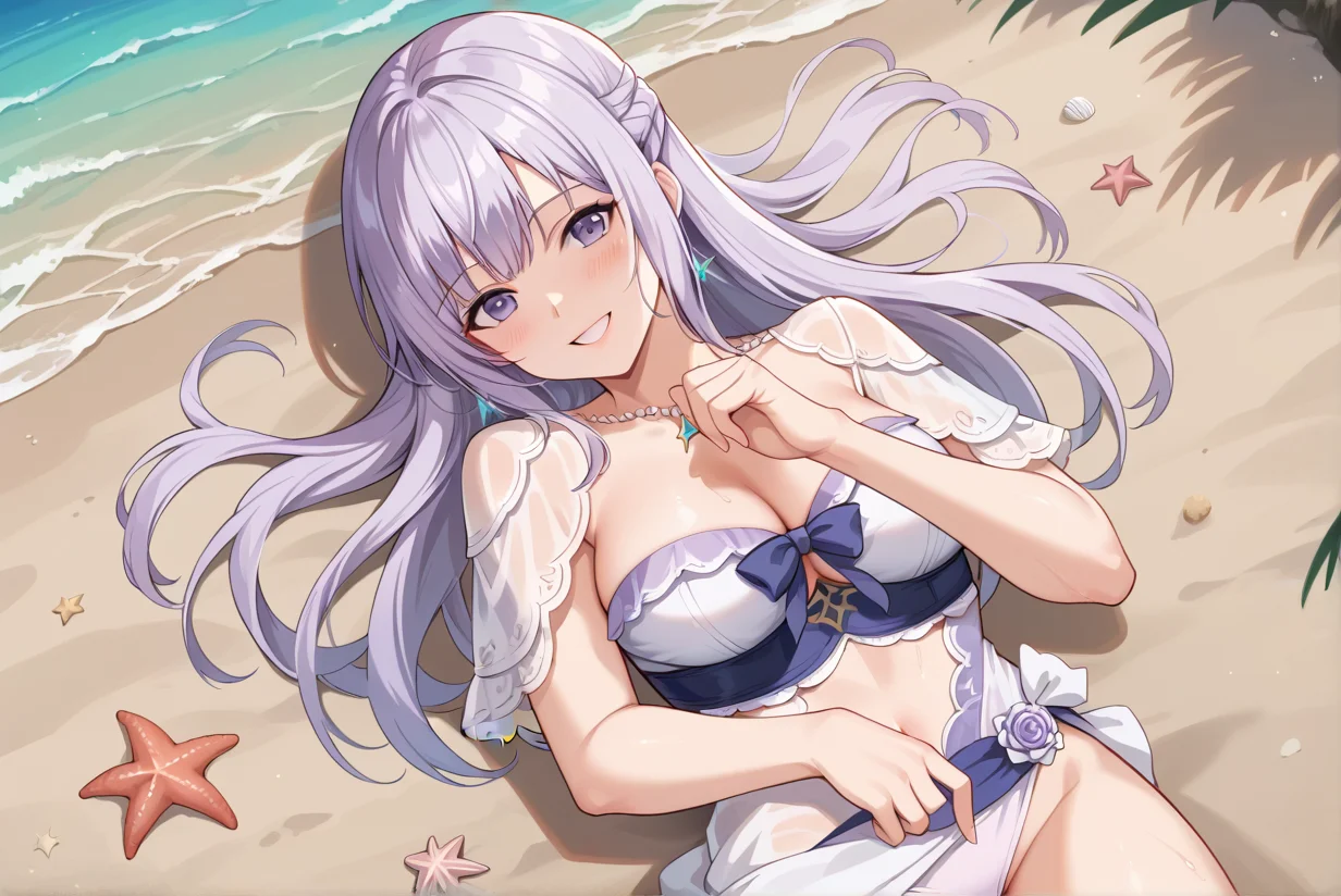 score_9, score_8_up, score_7_up, best quality, masterpiece, source_anime, anime screenshot, BREAK, 1girl, doafiona, long hair, purple hair, fionadress <lora:fionadoa:1> , Lying on the back, pretending to be a starfish, smile, happy, in beach