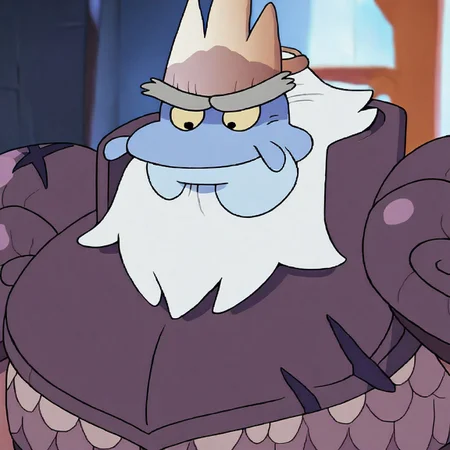 King Andrias, 1boy, solo, blue skin, yellow sclera, black eyes, crown, giant, very tall, stocky, muscular, crows feet, beard, white hair, dark purple armor that has an X shaped battle mark on the left abdomen, cuffs similar to a victorian aristocrat, pauldrons shaped like snail shells, gold snake belt, purple tunic, old man, tail, thick grey eyebrows, newt, metal boots, indoors, close up, face shot, portrait, vibrant, saturated, score_9, score_8_up, score_7_up, score_6_up, score_5_up, score_4_up, best quality, masterpiece,