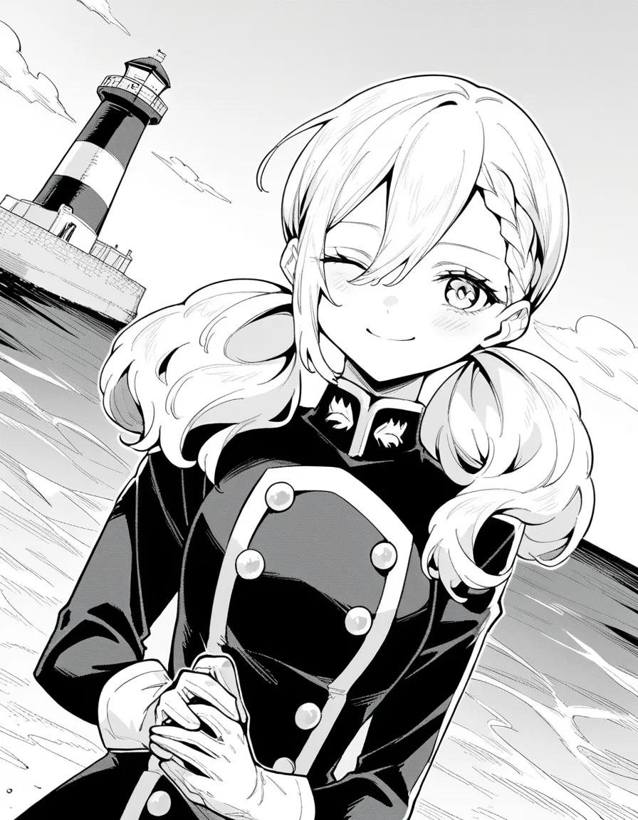 score_9, score_8_up, score_7_up, source_anime, <lora:varvara-pilipenko-manga-ponyxl-lora-nochekaiser:1>, varvara pilipenko, greyscale, monochrome, long hair, hair between eyes, braid, twintails,, gloves, uniform, military, military uniform, lighthouse, light, sea, tall, guidance, smile, <lora:guided-hand-on-cheek-ponyxl-lora-nochekaiser:1>, guided hand on cheek, hand grab, hand on another's cheek, hand on another's face, looking at viewer, pov, pov hands, smile, blush, one eye closed, caress, caressing cheek, looking at viewer, solo,, dutch angle, cowboy shot