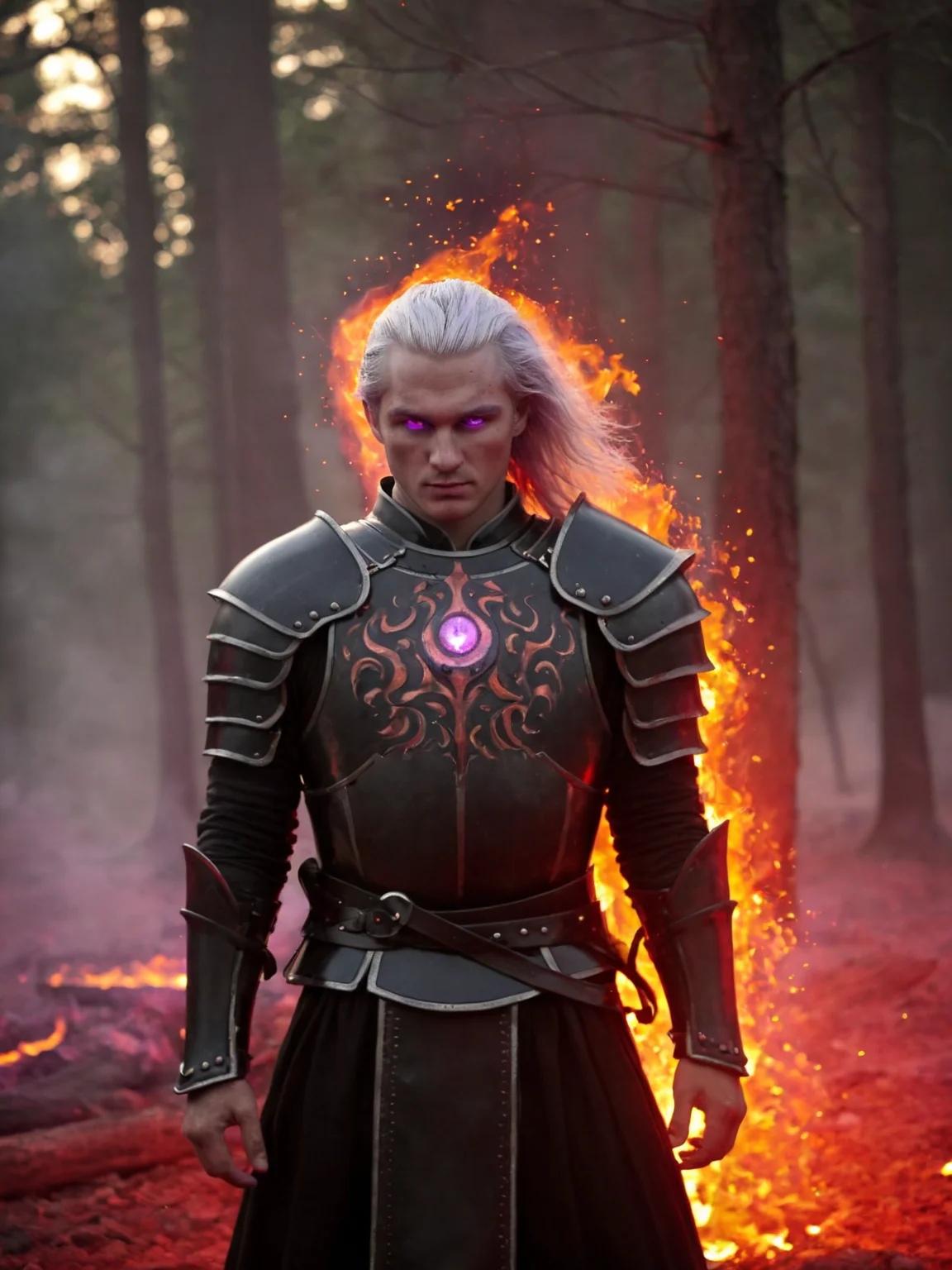 forest, haze, halation, bloom, dramatic atmosphere, centred, rule of thirds, 200mm 1.4f macro shot,,, (Height, Tall and imposing, above average height, a warrior and king:1), (Build, Strong and muscular, a powerful physique honed through years of combat and leadership:1), (Hair, Long, silver-gold hair, worn loose or flowing, striking and ethereal appearance:1), (Eyes, Violet or lilac eyes, exuding a piercing, almost otherworldly quality:1), (Skin, Pale complexion, emphasizes his unique and otherworldly presence:1),, <lora:R0k00Gl0w1ngHD:1.1>,R0k00Gl0w1ngHD,style,(glowing_eyes, glowing, glowing_eye:1.1),, Fire aura concept art, surrounded by a fiery glow or energy, signifying power, rage, or a magical enhancement. A fire aura can be depicted in various ways, such as: A flaming outline around a character. Intense glowing embers or sparks radiating from the body. Flames that pulse or move in response to emotions or actions. A protective or destructive magical field, scorching anything nearby., Aegon I Targaryen style, Markings/Armor: Often depicted wearing black-and-red Targaryen armor, adorned with dragon motifs, symbolizing his house and his role as the first ruler of the Seven Kingdoms.