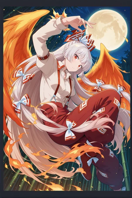 absurdres, highres, masterpiece, best quality, amazing quality, official anime artwork, screencap, anime screencap, outdoors, looking at viewer,
<lora:Fujiwara-no-Mokou_IllustriousV2:1> fujiwara no mokou, 1girl, solo, red eyes, white hair, very long hair, small breasts,, hair bow, white bow, white shirt,  long sleeves, suspenders, red pants, bamboo forest, fire, parted lips, fire wings, dynamic pose, night, full moon, light particles,