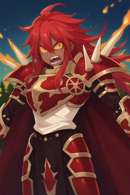 score_9, score_8_up, score_7_up, score_6_up, source_anime, BREAK, <lora:Gulcasa-000012:0.6> , guldef, (dark skin), dark-skinned male, Guldem, fiery aura, (1boy), red hair, long hair, hair between eyes, (yellow sclera), (armor), spikes, shoulder armor, shoulder spikes, cape, red cape, pauldrons, gauntlets, cowboy shot, (looking at viewer), shouting, angry,  <lora:detailed_backgrounds_v2:0.5> , masterpiece, best quality, very aesthetic, absurdres, forest, outdoors, nature, blue sky,   <lora:Lunas-Asanagi-SDXL-A1:0.6>