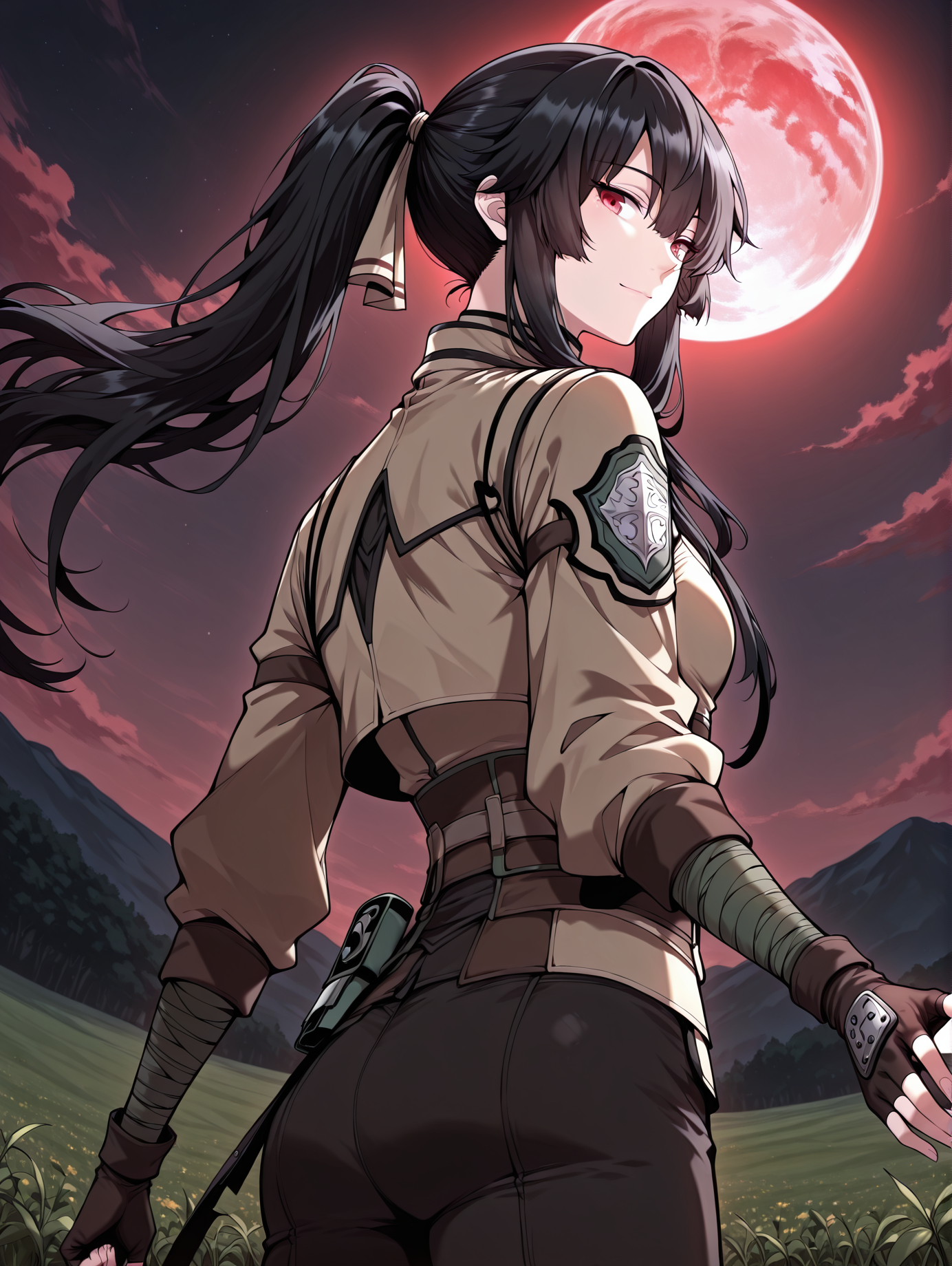 <lora:Jasmine_Flamesworth__The_Beginning_After_the_End__Illustrious:1>
1 girls, solo, red eyes, black hair, long hair, ponytail, bangs, hair between eyes, sidelocks, small breasts
brown jacket, greeb ribbon, fingerless gloves, long sleeves, black pants, black boots, bandages
score_9, score_8_up, score_7_up, very aesthetic, source_anime, detailed, high quality, beautiful, masterpiece, detailed eyes, field, blurry background, pose dynamic angle, upper body, cowboy shot, light smile, looking back, reaching out, floating hair, red moon, night, <lora:iLLMythG0thicL1nes:1>