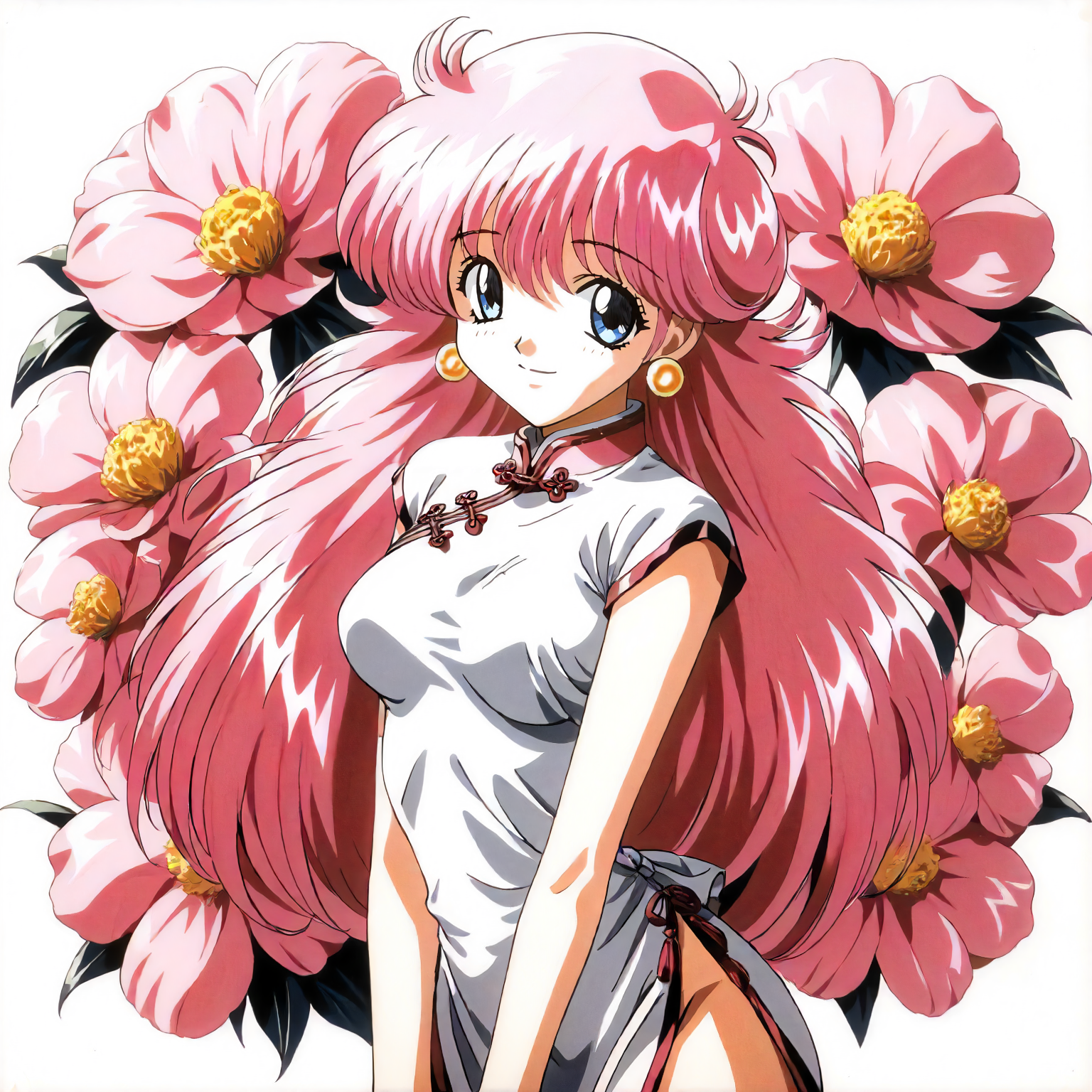 <lora:RC_sill_plainXLanimagine001>,
masterpiece,high score,great score,absurdres,
flower background,glitter,
smile,
looking at viewer,
solo,
anime coloring,retro artstyle,1990s (style),
sill_plain\(rance_series\),1girl,pink hair,long hair,blue eyes,earrings,
cowboy shot,standing,
print_cheongsam,
