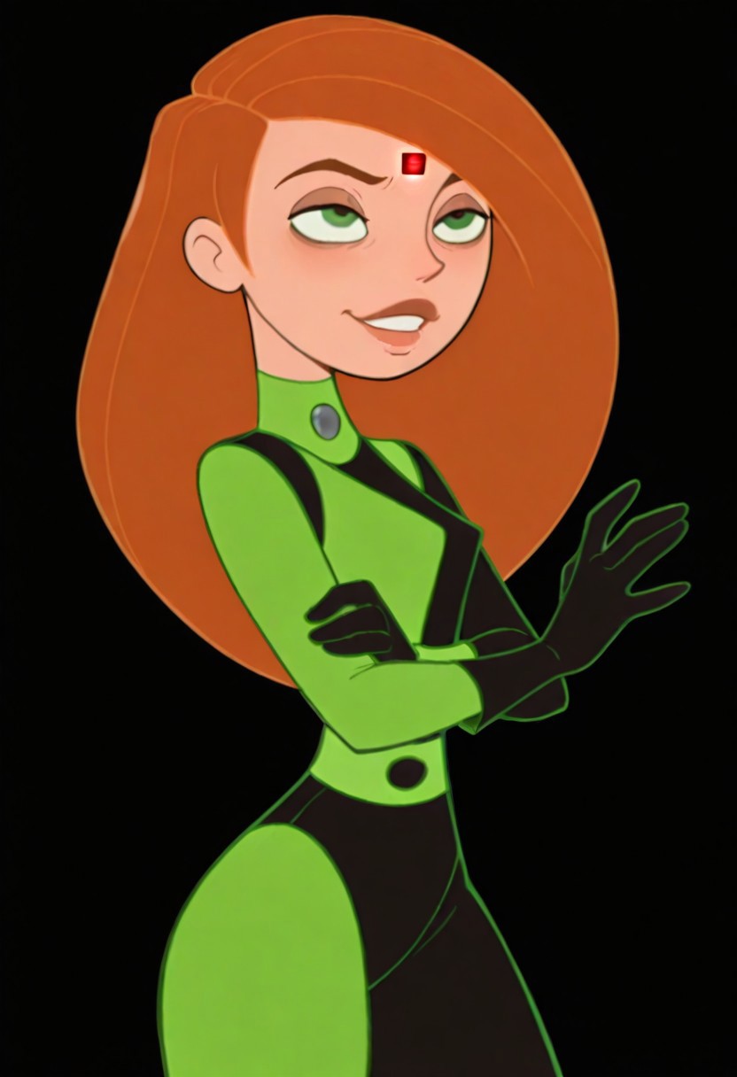 masterpiece, best quality, amazing quality, absurdres BREAK mind control chip, kim possible, ginger hair, long hair, green eyes, forehead ornament, glowing red light, skinny, black and green bodysuit, two-toned uniform, gloves, green belt, evil eyes, smug, alluring, posing, dynamic pose, sexy