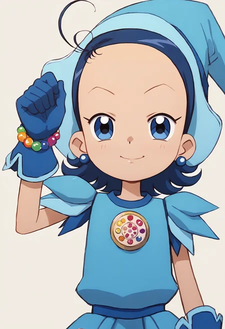 score_9, score_8_up, score_7_up, score_6_up, score_5_up, score_4_up, masterpiece, source_anime BREAK 1girl, c-aiko, blue hair, short hair, blue eyes, ahoge, blue witch hat, blue dress, short sleeves, necklace, jewelry, blue earrings, bead bracelet, blue gloves,  looking at viewer, simple background, beige background,  dutch angle, <lora:Aiko_Seno_PONY_c:1>