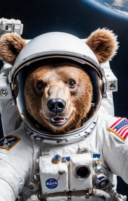 (photographic:1.3), (RAW photo:1.3), (ultra wide lens:1.3), (far shot:1.3), (selfie shot:1.3), (an astronaut bear selfie floating on space:1.3), (helmet on:1.3), (infinite space behind him:1.3), (no gravity:1.1), soft lighting, film grain, Fujifilm XT3, dslr, masterpiece, best quality, realistic, high-quality, realistic works, ultra-high details, 8k uhd, real skin material