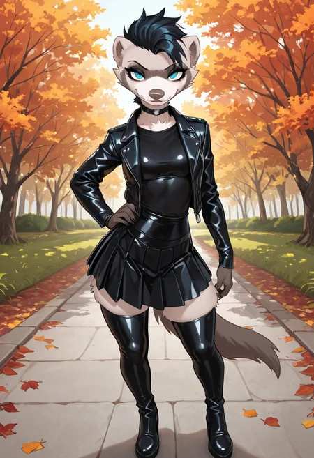 score_9, score_8_up, score_7_up, highres, high quality, perfection, masterpiece, M1x,1girl,solo,furry,furry female,short hair,blue eyes,snout,animal nose,fang,choker,body fur,two-tone fur,browm fur,claws,white fur,tail,
BREAK
1girl, (solo: 2.0), girl alone, front towards viewer, full body in view
BREAK
furry female, ferret girl, anthropomorphic female, (anthro ferret girl: 1.2), beautiful girl, detailed fur, ((short black mohawk)), beautiful face, fangs, eyelashes, sexy pose (blue eyes: 1.2), perfect eyes, detailed eyes, whiskers, small breasts, (((black eyebrows, black eyeshadow, black lipstick, black nails, goth makeup))), detailed hands, perfect hands
BREAK
((black latex short pleated skirt)), ((black latex shirt)), ((black leather punk jacket)), ((black latex thigh high boots))
BREAK
standing, looking at viewer, smug smile,
BREAK
outdoors, day, park, trees, autumn, autumn leaves, falling leaves,